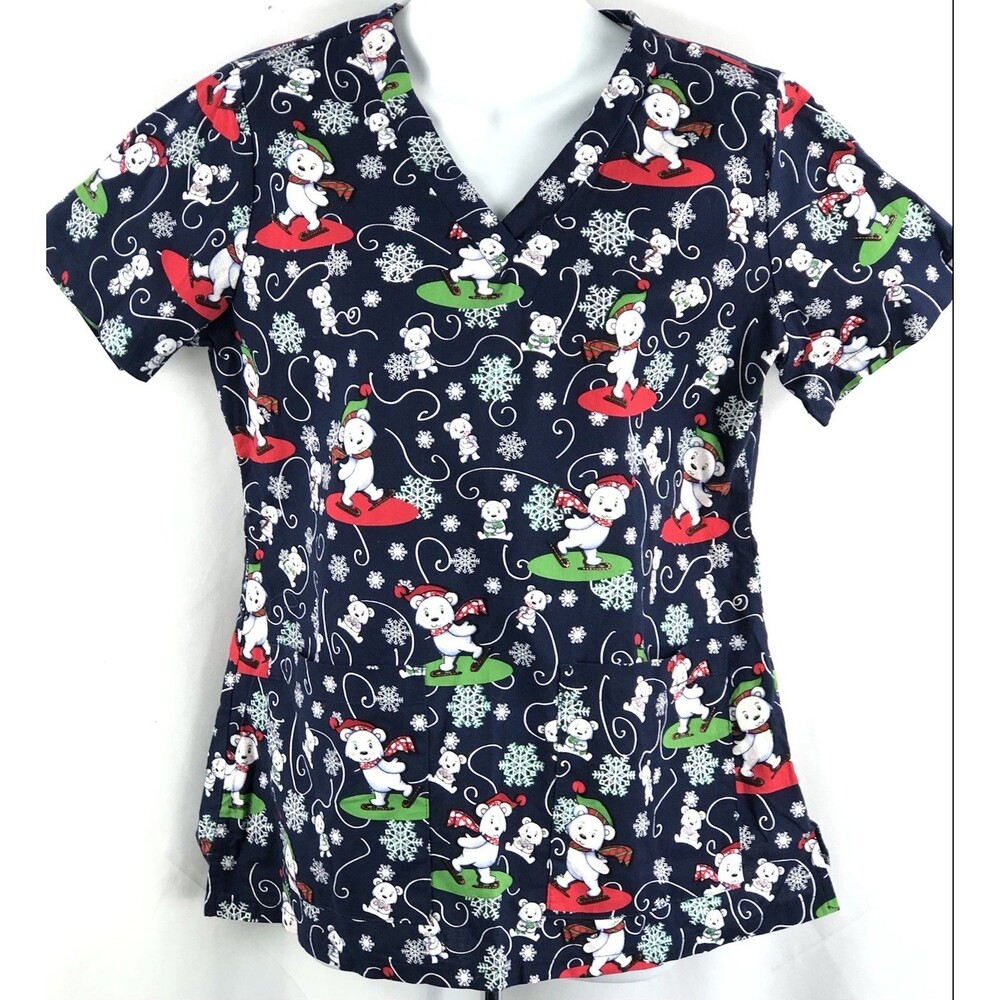 Med Couture Scrubs Top M Christmas Holiday Bears ShortSleeve Pockets PullOver